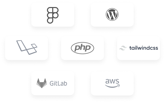 Our tech stack includes Figma, WordPress, Laravel, PHP, TailwindCSS, Gitlab, and AWS.